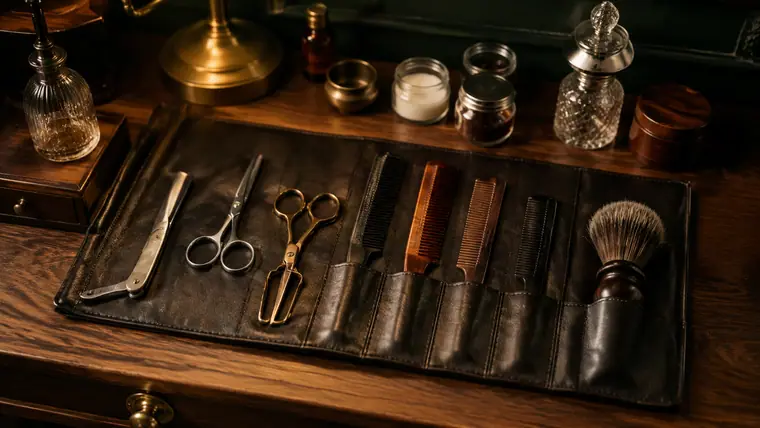 Herramientas de barbero ordenadas sobre cuero